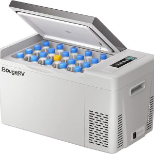 portable solar energy fridge freezer open and filled with water bottles, featuring a digital control panel and 12V/24V DC power port.