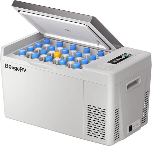 portable solar energy fridge freezer open and filled with water bottles, featuring a digital control panel and 12V/24V DC power port.