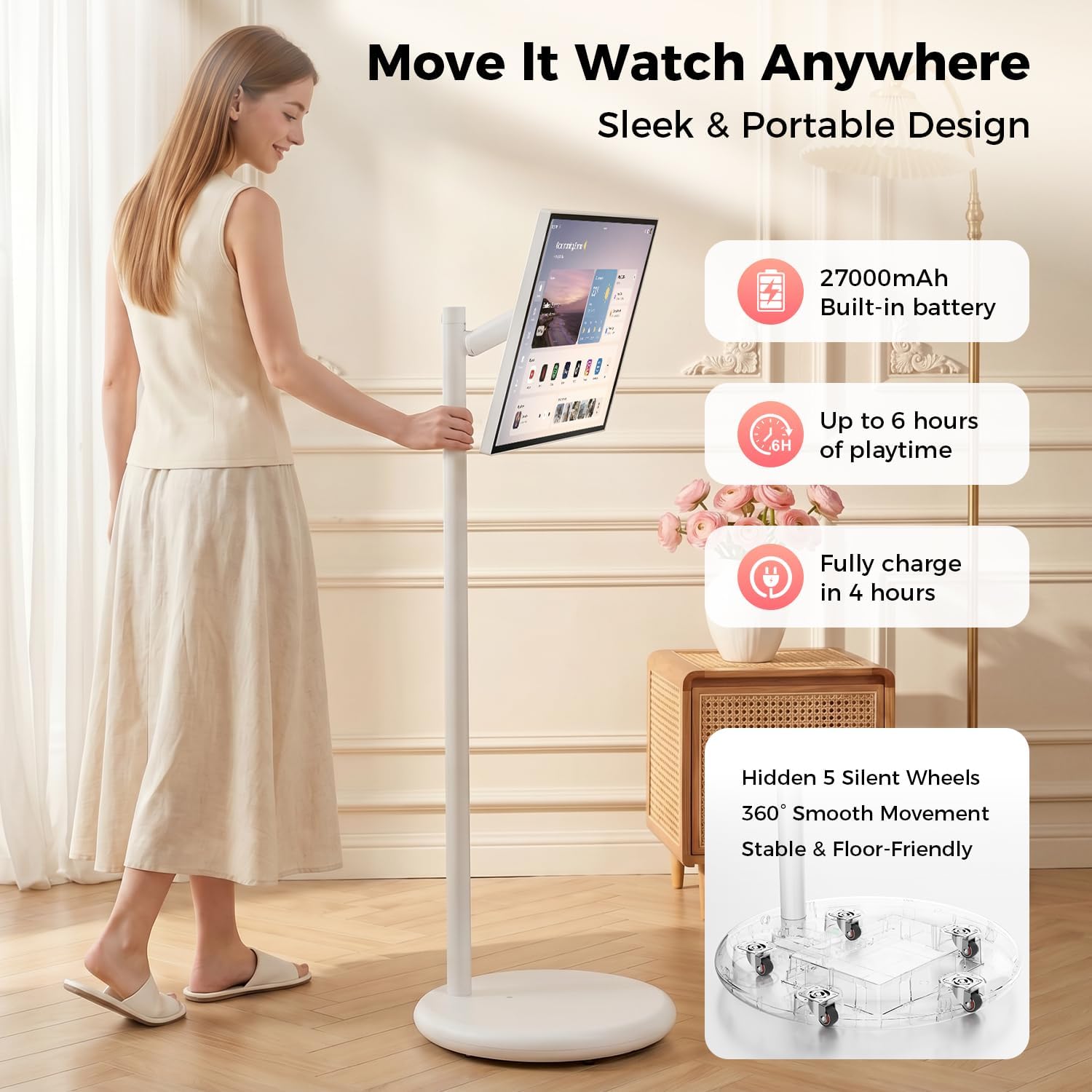 Woman adjusting a portable rolling TV on a wheeled stand with 27000mAh battery, up to 6 hours playtime, in a home living room