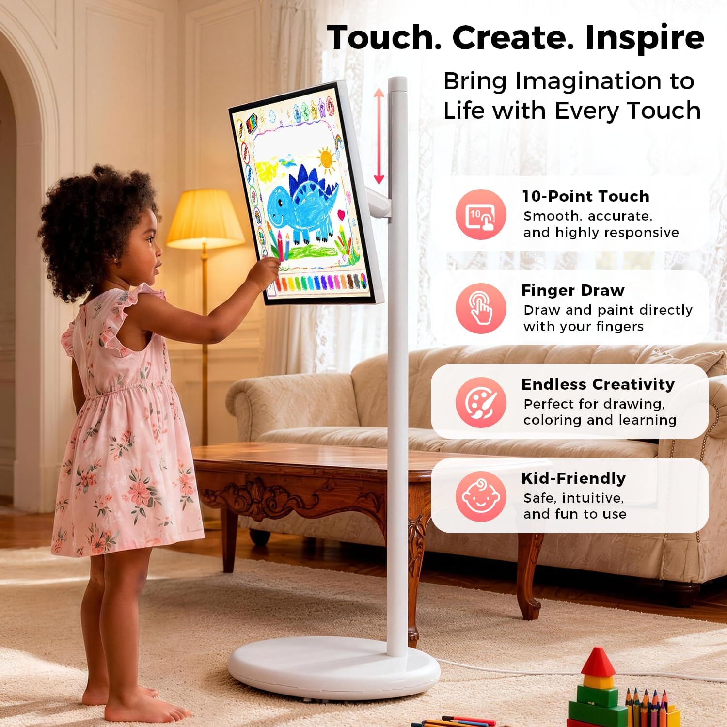 Young girl finger-drawing on a 10-point touchscreen rolling TV stand in a living room