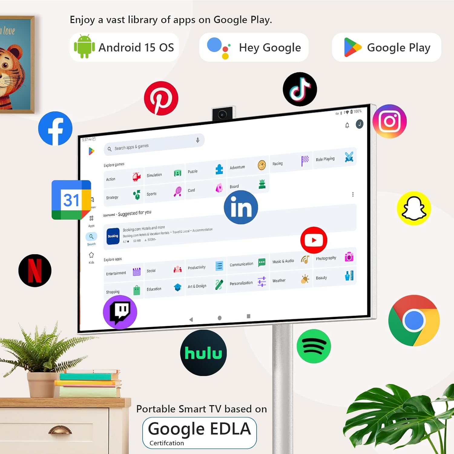 Rolling smart TV screen showing Google Play app store, Android 15 OS, and Google EDLA certification surrounded by popular app icons