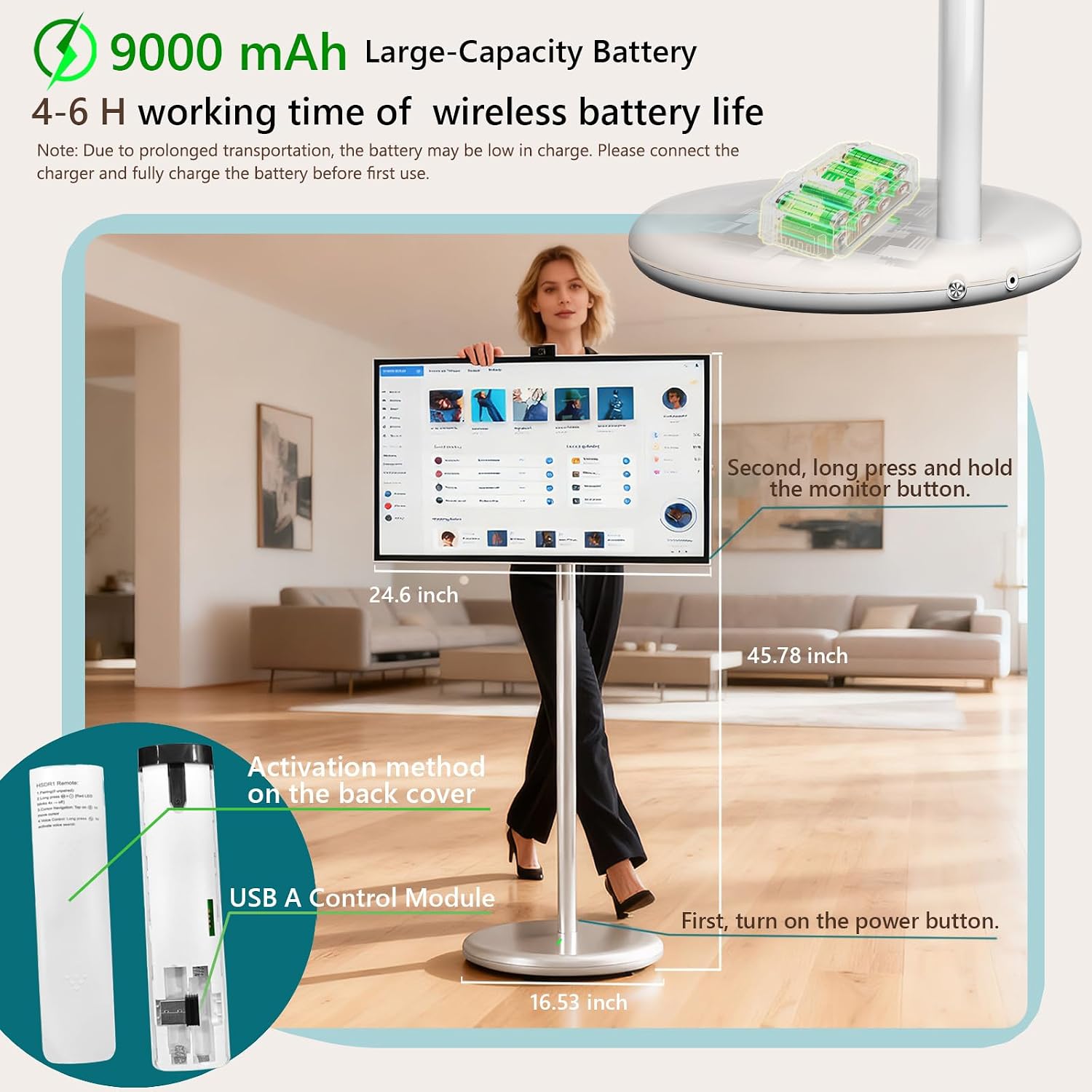 Woman with 24.6-inch rolling TV stand showing 9000mAh battery, remote control, and dimensions
