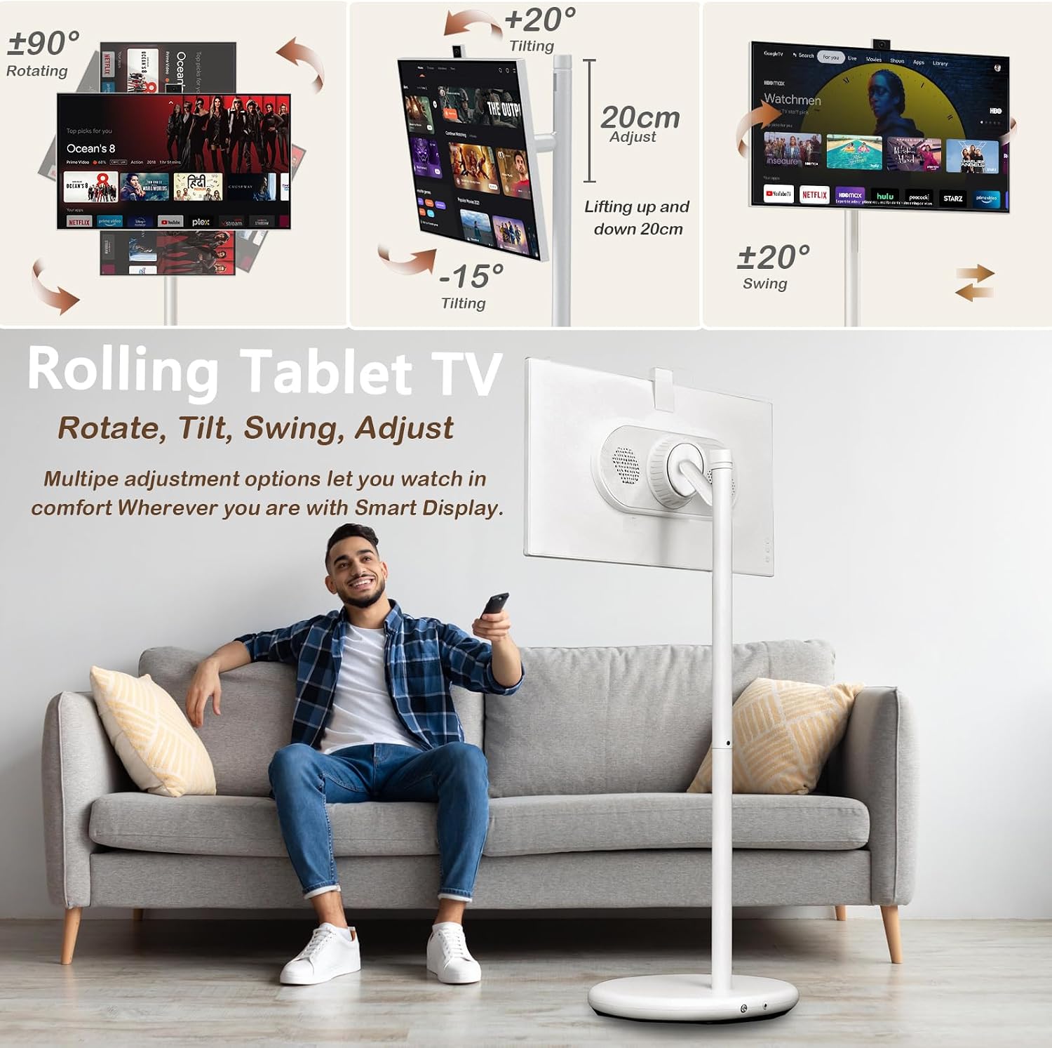 Man on couch using remote to control a rolling TV with rotate, tilt, swing, and height adjustment