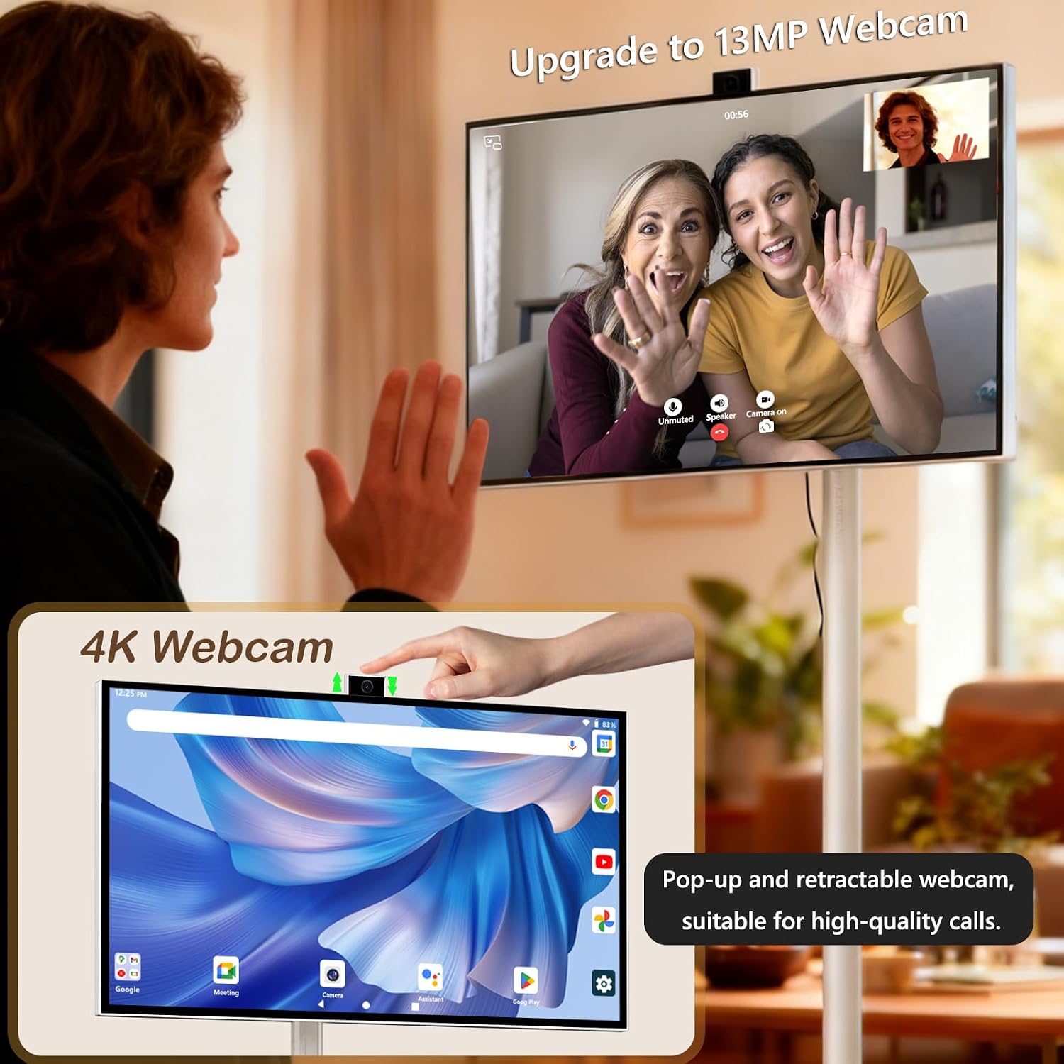 Man video calling family on a rolling TV stand with 13MP pop-up retractable webcam