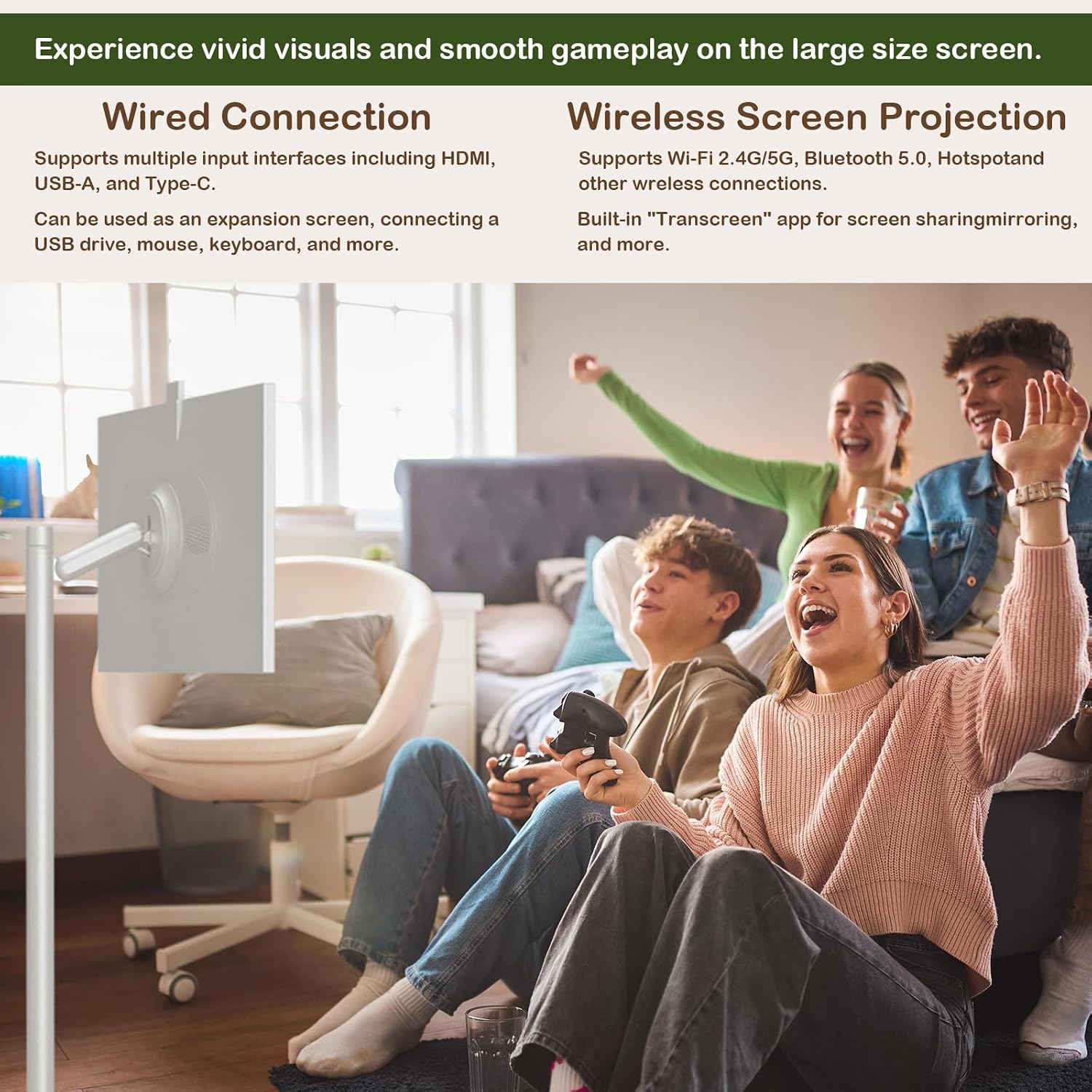 Friends gaming together with a rolling TV stand offering HDMI, USB-C, and wireless screen projection