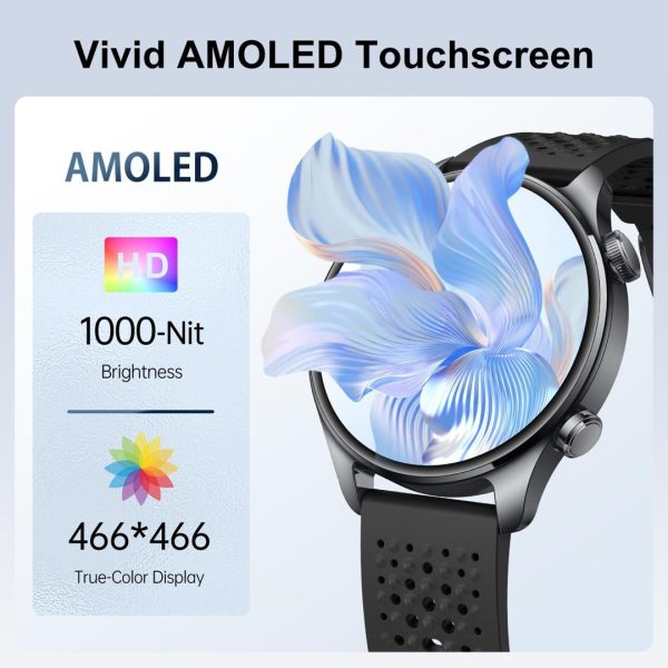 Smartwatch display feature graphic showing the watch face with a vivid blue floral visual, alongside spec callouts for a 1000-nit AMOLED screen and 466x466 true-color resolution.