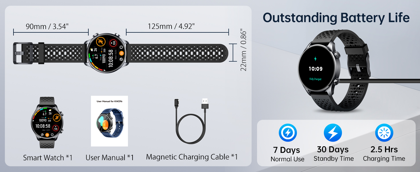 Product overview graphic showing the watch dimensions at 215mm total band length and 22mm width, package contents including the smartwatch, user manual, and magnetic charging cable, alongside battery life specs of 7 days normal use, 30 days standby, and 2.5 hours charging time.