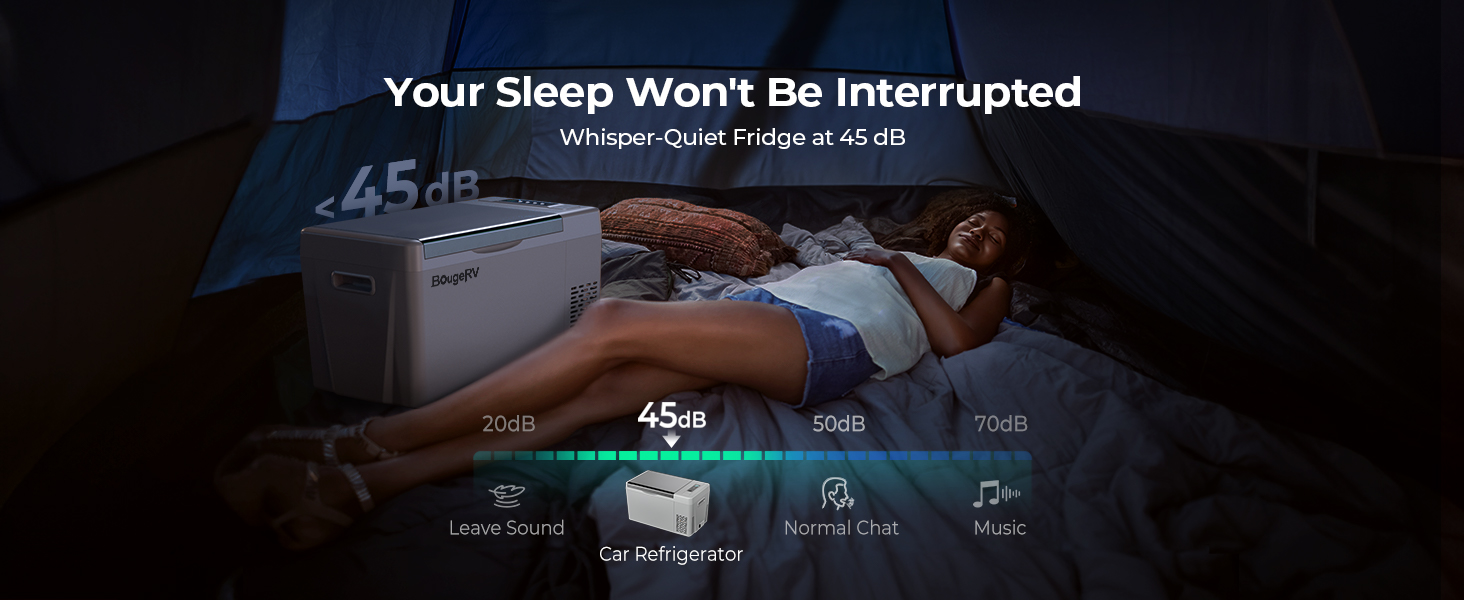 Woman sleeping peacefully in a tent next to a portable fridge running at under 45dB — quieter than a normal conversation.