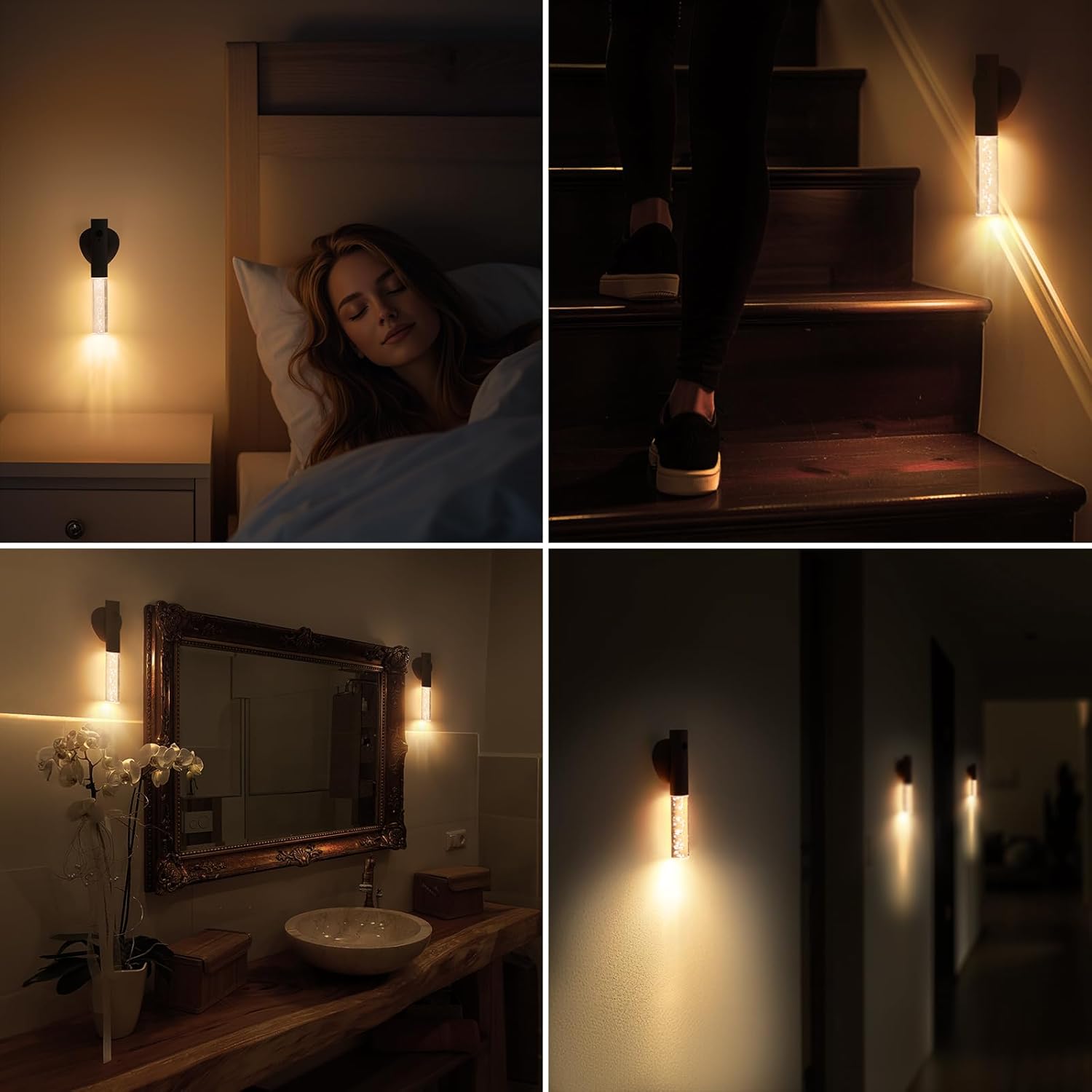 Four-panel image showing a wooden motion sensor night light in use across different locations — bedroom wall beside a sleeping woman, staircase, bathroom mirror, and hallway