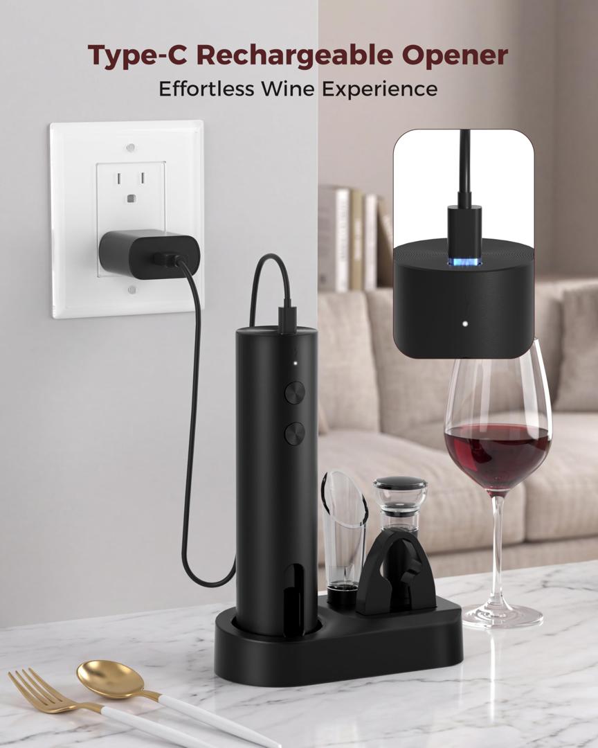 Black Type-C rechargeable electric wine opener on charging base with wine glass and accessories