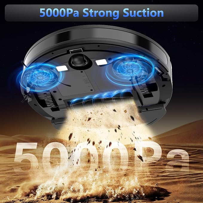 Robot vacuum cleaner underside showing 5000Pa strong suction lifting dust and debris