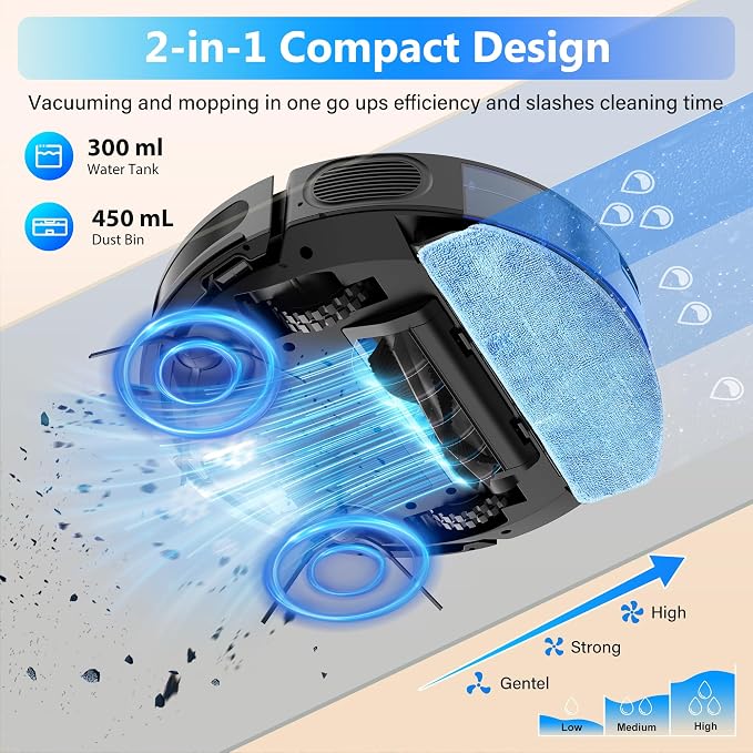 Robot vacuum and mop combo with 300ml water tank and 450ml dust bin