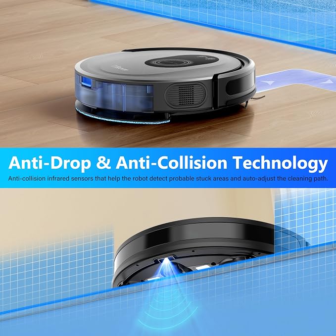 Robot vacuum with anti-drop and anti-collision infrared sensors near a ledge