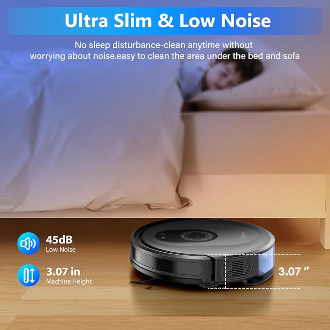 Ultra slim 3.07-inch robot vacuum cleaning quietly under a bed at 45dB