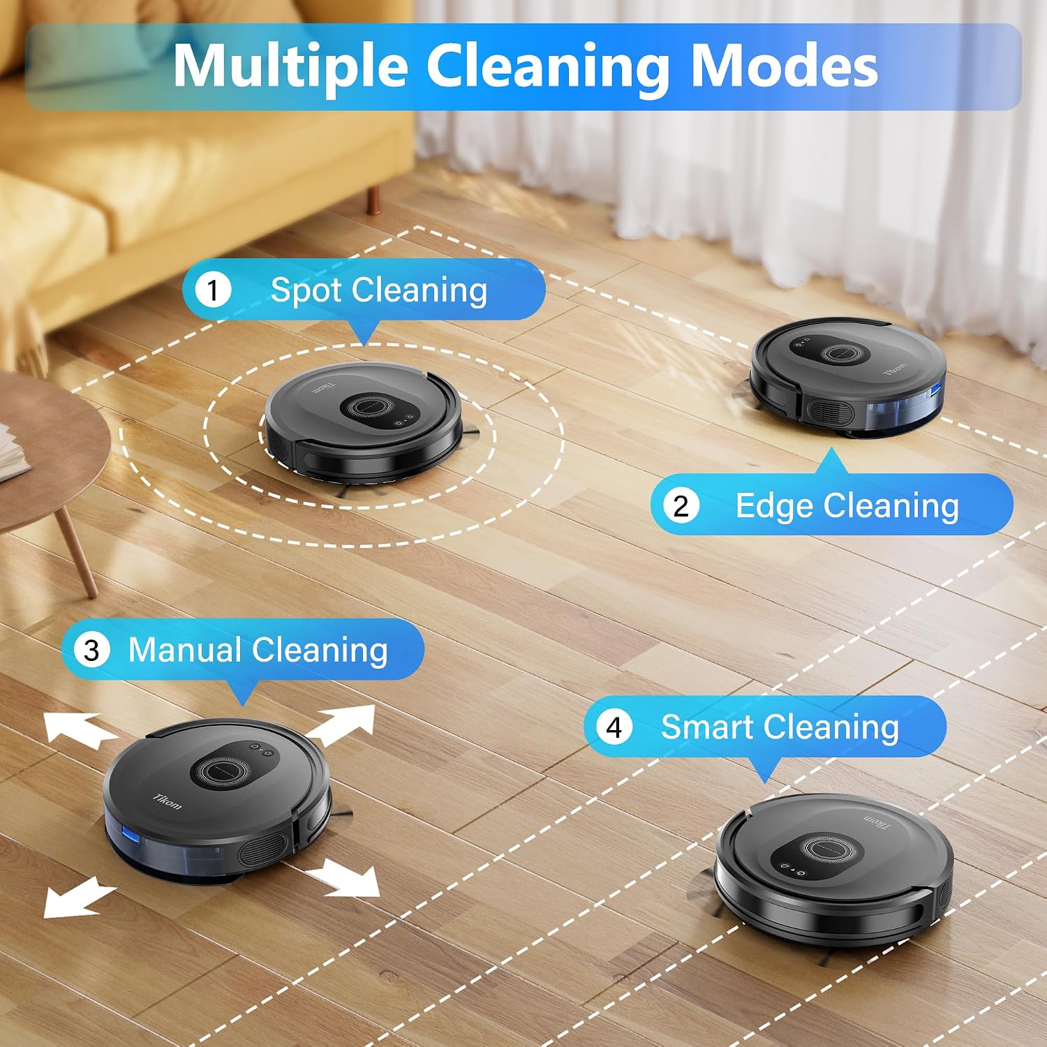 Robot vacuum showing spot, edge, manual, and smart cleaning modes