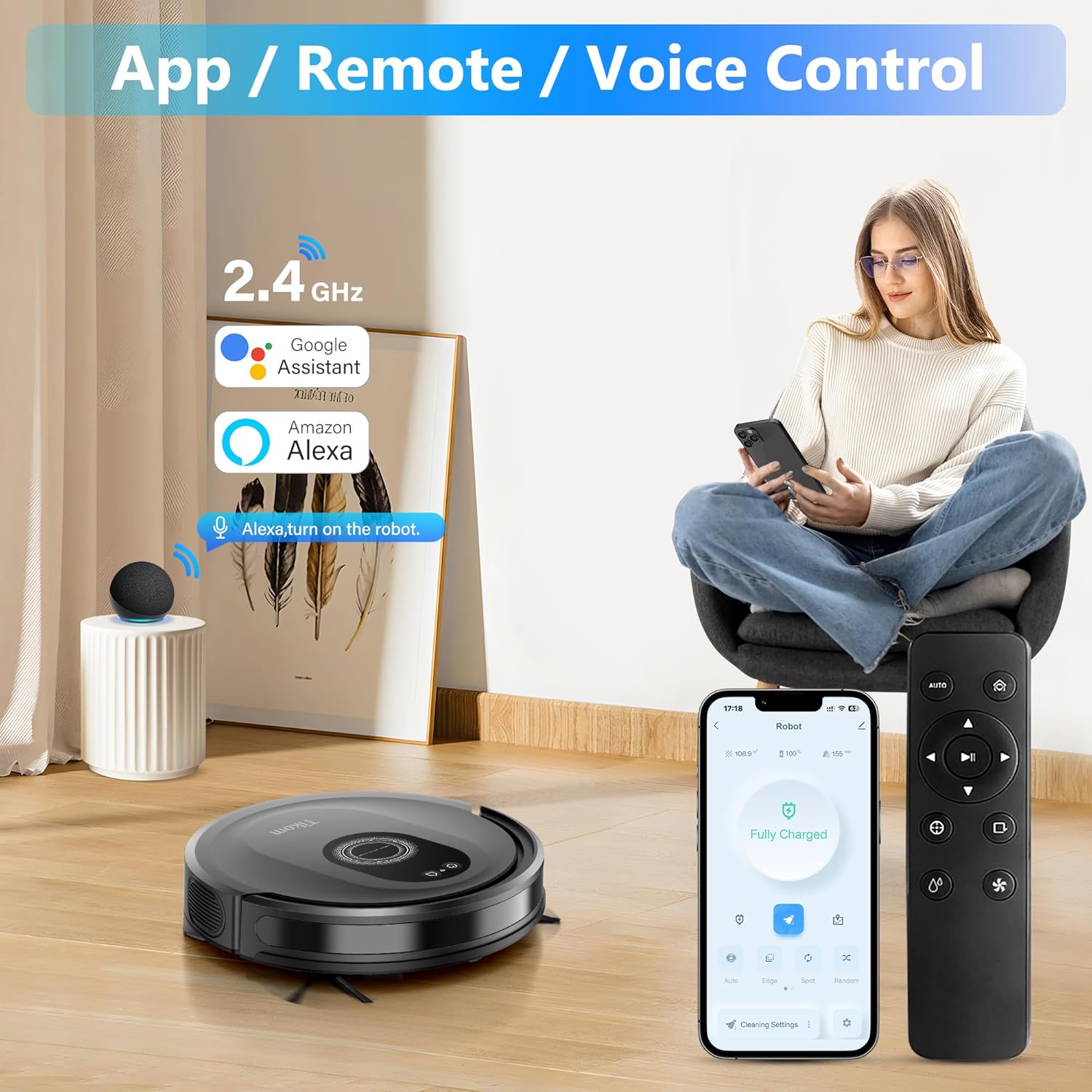 Robot vacuum with app, remote, and Alexa/Google Assistant voice control