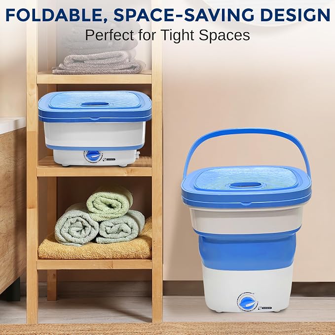 Foldable portable washing machine collapsed and expanded, saving space in tight areas