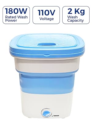 Portable foldable washing machine with 180W power, 110V voltage, and 2kg wash capacity